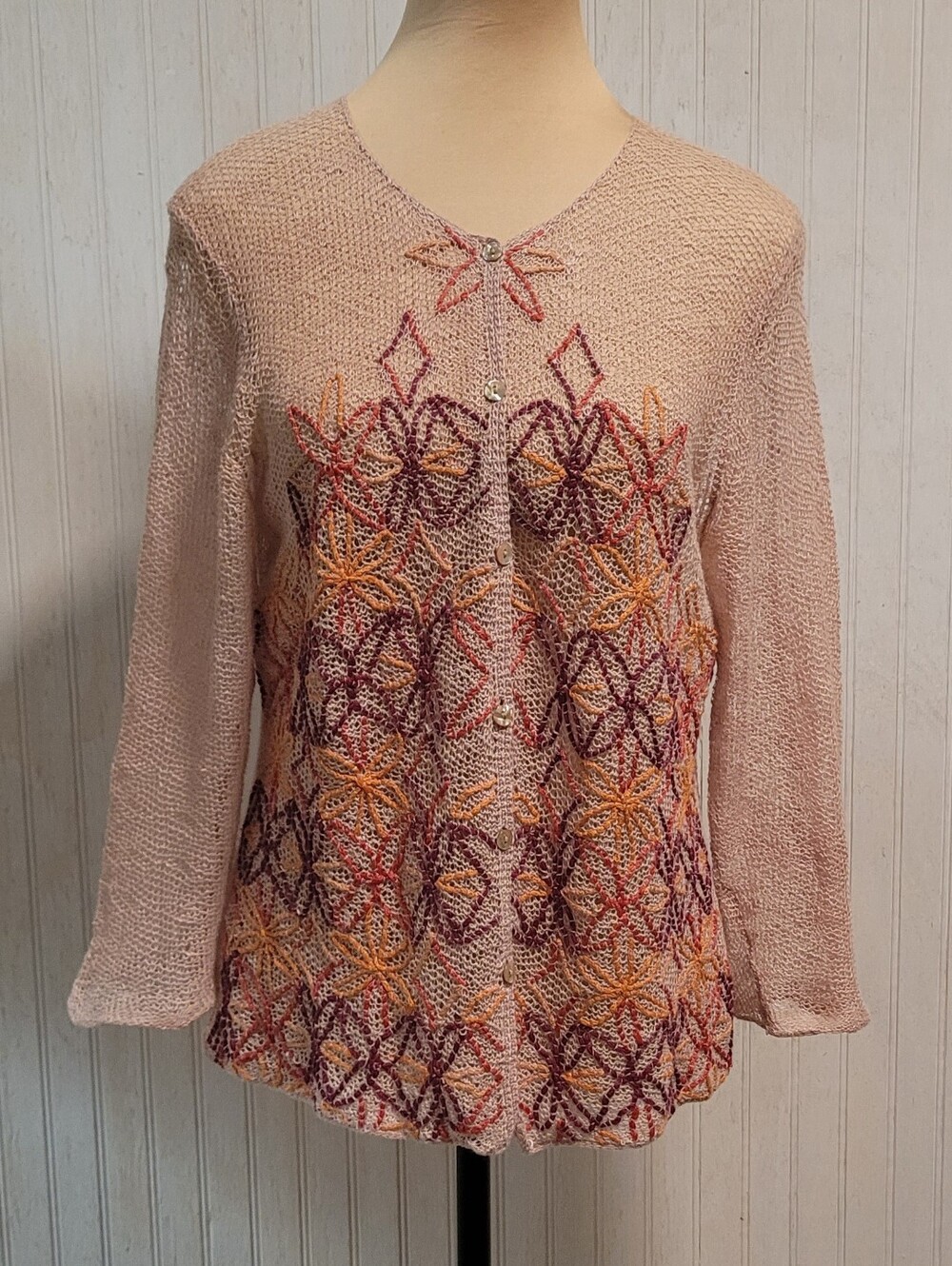 Michael Simon Vintage Light Mauve Embroidered 100% Linen Mesh Cardigan Size M